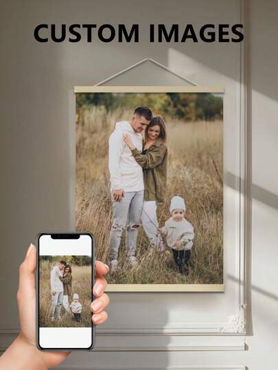 1Pc Hanging Bracket Custom Family Photo Canvas, Personalized Picture & Text Design, High Definition Printing, Sturdy Wooden Hanger, Multiple Sizes Available, Wall Art, Home Decor, Memorial Gift For Family & Friends