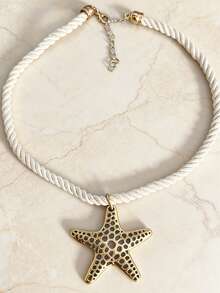 1件装女士海洋度假风项链，白色编织绳搭配镂空金属海星吊坠，适合日常佩戴、度假、派对等场合。 - 白色+金色 - 查看 5