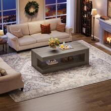 LITTLE TREE Coffee Table For Living Room, 47.24-Inch Farmhouse 2-Tier Center Table With Storage, Rectangular Cocktail Table (Elegant Grey) - Grey - View 7
