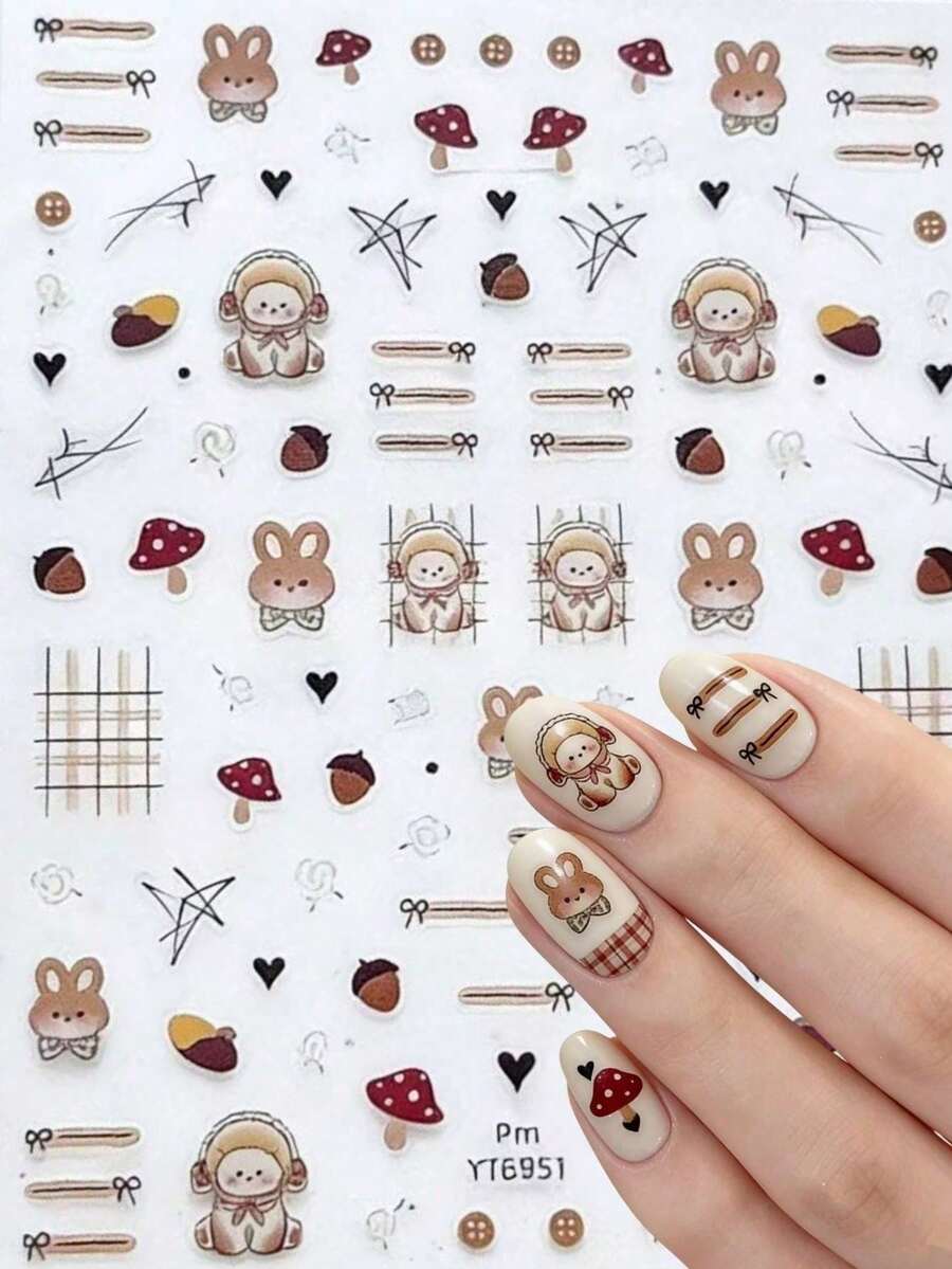 1pc New Cartoon Rabbit Nail Sticker With Adhesive, Versatile Cute Rabbit Nail Art Decal Sticker - Multicolor - View 1