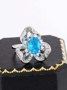 创意镂空花朵蓝色几何可调节戒指，日常佩戴及送礼佳品，女士珠宝 - 白色 - 查看 4