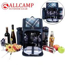 ALLCAMP Cesta de picnic para 4 personas con 2 compartimentos aislados soporte desmontable para botellas/vino manta de forro polar platos y cubiertos para reuniones familiares parejas y amigos - Azul - Ver 7