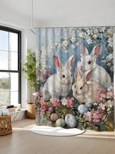 1/4pcs Easter Bunny & Floral Print Waterproof Bathroom Curtain Set, Includes Shower Curtain, Bath Mat, Toilet Seat Cover, Quiet Healing, Thick Polyester, No Drilling Installation, Anti-Slip, Absorbent, Digital Printing, Fade-Resistant, Machine Washable, All Season, Easter Holiday Limited Edition Gift