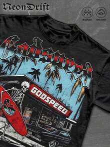 Street Life Men's Y2k Style Graphic Funny Printing (220 Pure Cotton T-Shirt) Godspeed Skull Tee: Surf & Atlanta Vibe,Men's Summer Round Neck Short - 黑色 - 查看 4