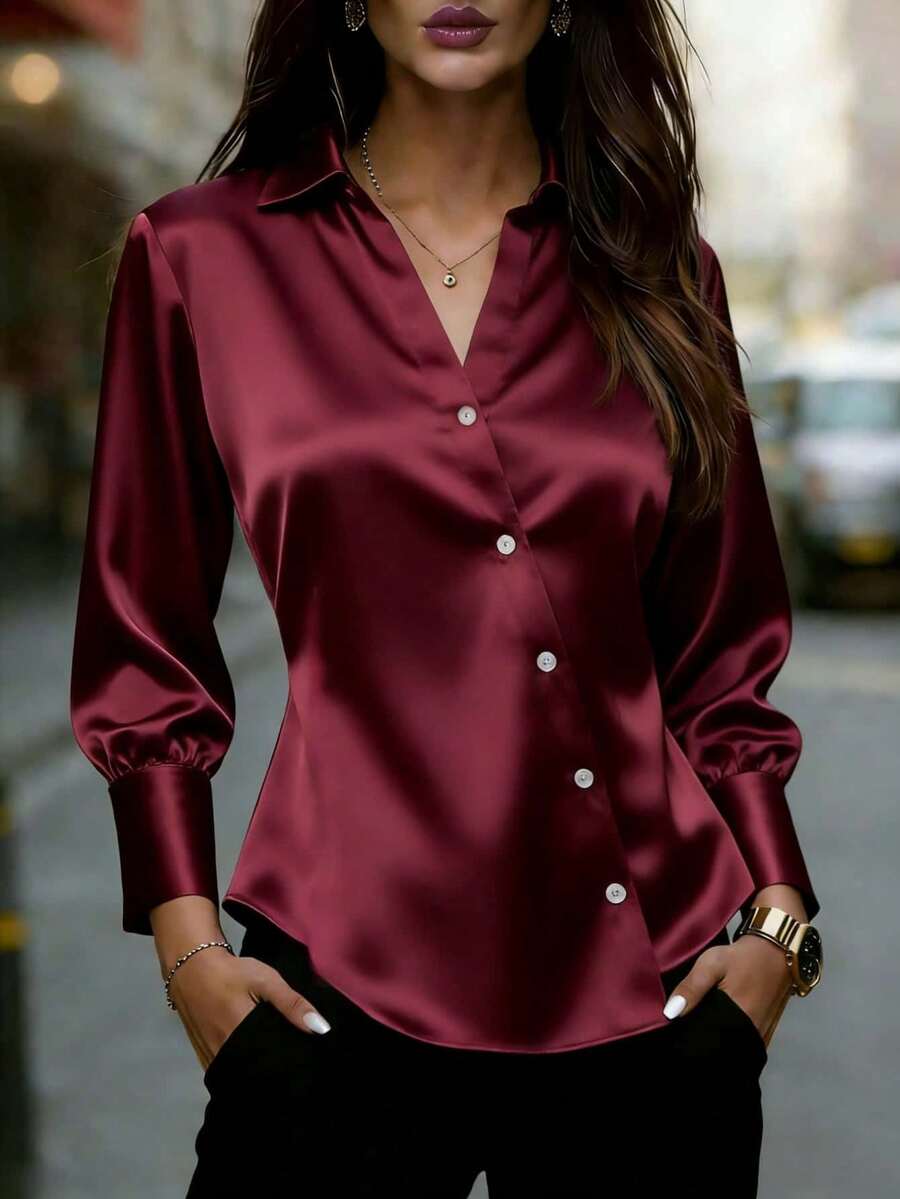 女士缎面衬衫，长袖纽扣衬衫，无弹力常规版型，适合春夏秋季穿着 - 酒紅色 - 查看 1