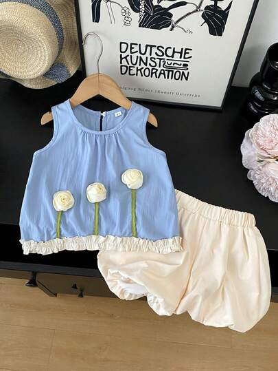 2件套女童休闲3D立体花卉图案无袖上衣和灯笼短裤套装，甜美夏季幼儿服装