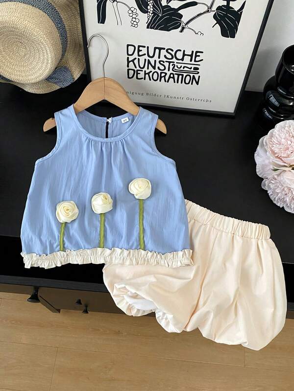2pcs/Set Girls Casual 3D Floral Graphic Sleeveless Top And Lantern Shorts Set, Sweet Summer Outfit For Toddler
