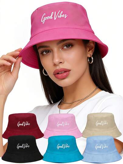 1pc Unisex Summer Travel Beach Sun Hat, UV Protection, GOOD VIBES Letter Patch Hip-Hop Bucket Hat, Outdoor Sun Protection, Adjustable Versatile For Party, Gather, Streetwear