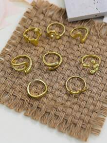 8pcs Vintage Geometric Round Open Ring Set, Asymmetrical Liquid Ring Suit, Suitable For Women's Holiday Party And Daily Wear Charm Jewelry Set - Yellow Gold - View 2