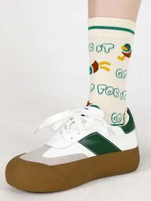 4双装春秋新款可爱卡通鸭子图案透气吸湿条纹中筒袜（女款） - 彩色 - 查看 5