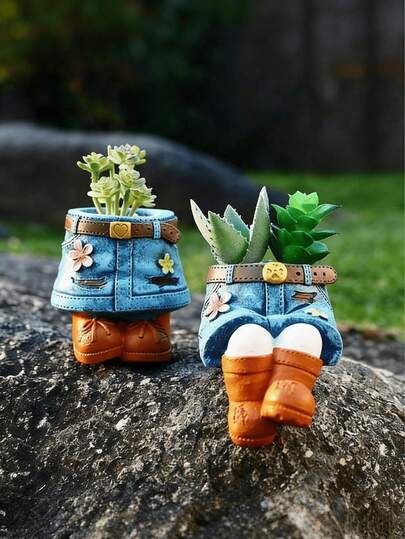 1个多肉植物盆，牛仔系列树脂装饰花盆，乡村风格花盆装饰