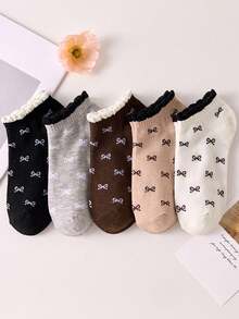 5双装女士花卉蝴蝶结图案中筒袜，四季皆宜，颜色随机 - 彩色 - 查看 10