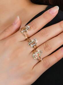 1 pieza Anillo con diseño de corona y letra con micro-incrustación de circonita, elegante y de moda, adecuado para uso diario, ir al trabajo y citas - Anillo de corona - Ver 5