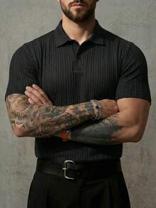 男士复古硬币图案纹理纯色短袖 Polo 衫 - 黑色 - 查看 2