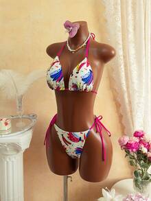 20262-Piece Sweet And Stylish Drawstring Backless Bikini Swimsuit, Fruit Print With Contrasting Solid Color And Tie Straps, Women's Beach, Pool, Vacation, Cruise, Party, Spring And Summer Swimwear - 彩色 - 查看 4