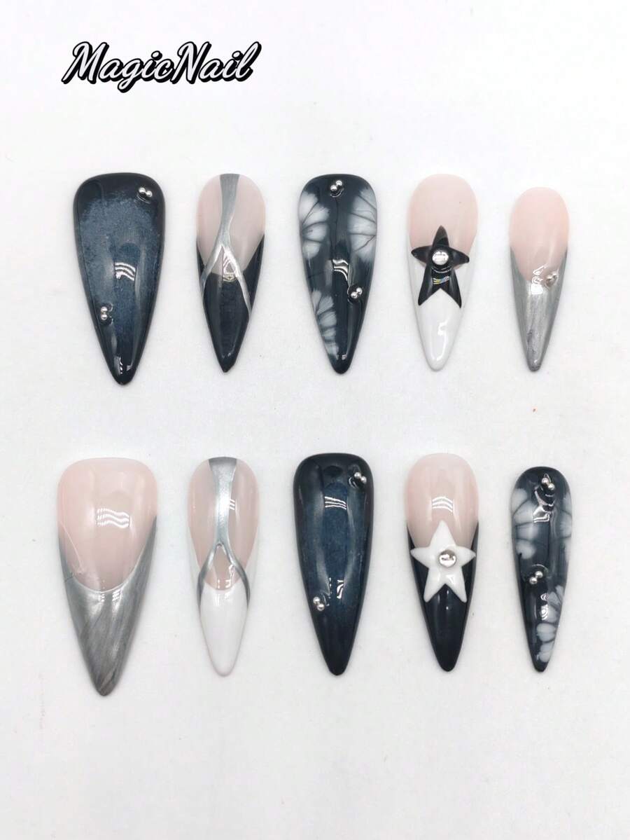 10片手工美甲贴片，33毫米长尖头美甲贴片，粉色、白色、黑色，手绘黑白五角星、银线、黑白渐变花卉、星空图案，可爱尖头美甲贴片 - 彩色 - 查看 1