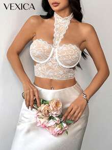 Vexica Women's Sexy Elegant Halter Lace Bustier Top, Backless Tie Up Crop Camisole For Wedding Guest, Eid Party & Night Out Daily Wear - White - View 11