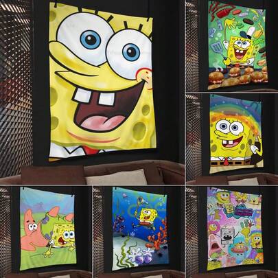 SpongeBob SquarePants 1件卡通挂毯，美学房间家居装饰嬉皮风格墙挂挂毯背景装饰礼品，适用于客厅、卧室、办公室家居装饰墙挂挂毯，适用于室内装饰、户外活动和家居墙面装饰，营造氛围装饰，宿舍墙面装饰，无需电源，纪念品 | 耐用墙挂艺术品