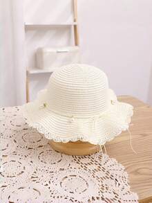 女童夏季荷叶边珍珠草帽，带蝴蝶结，沙滩遮阳帽 - 珍珠 - 查看 2