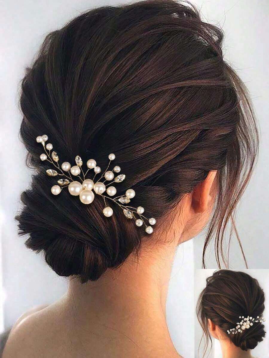 1pc Elegant Handmade Pearl & Hair Comb, Women Bridal Wedding Party Accessory Valentine's Day Accessories - Vàng - Xem 1