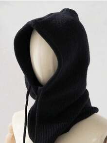 1pc Women's Fashion Knitted Hooded Neck Warmer, Drawstring Balaclava Hat, Versatile For Commuting - Beige - View 2