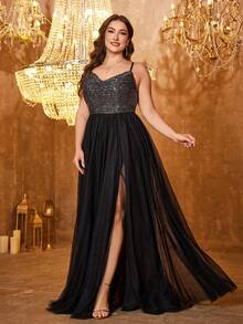 UNITHORSE Plus 女士优雅吊带亮片拼接网纱性感露背绷带设计可调节晚礼服 - 黑色 - 查看 4