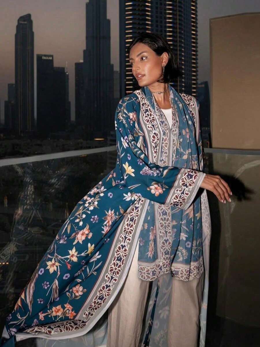 两件套印花开衫长袍套装，含头巾，中东迪拜风格，春季度假外套