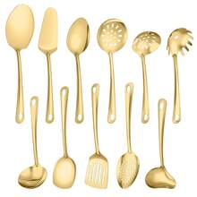 11pcs Stainless Steel Cookware Set, Cooking And Dining Utensils, Self-Serve Party Cutlery Set Including Cooking Spatulas, Serving Spoons, Cake Server, Soup Ladle, Pasta Server Etc., Ideal For Home Chefs And Cooking Enthusiasts, Essential For Holiday Living. High-Quality Durable Kitchenware, Gold Tableware Set, Must-Have Kitchen Essentials. - Gold - View 2