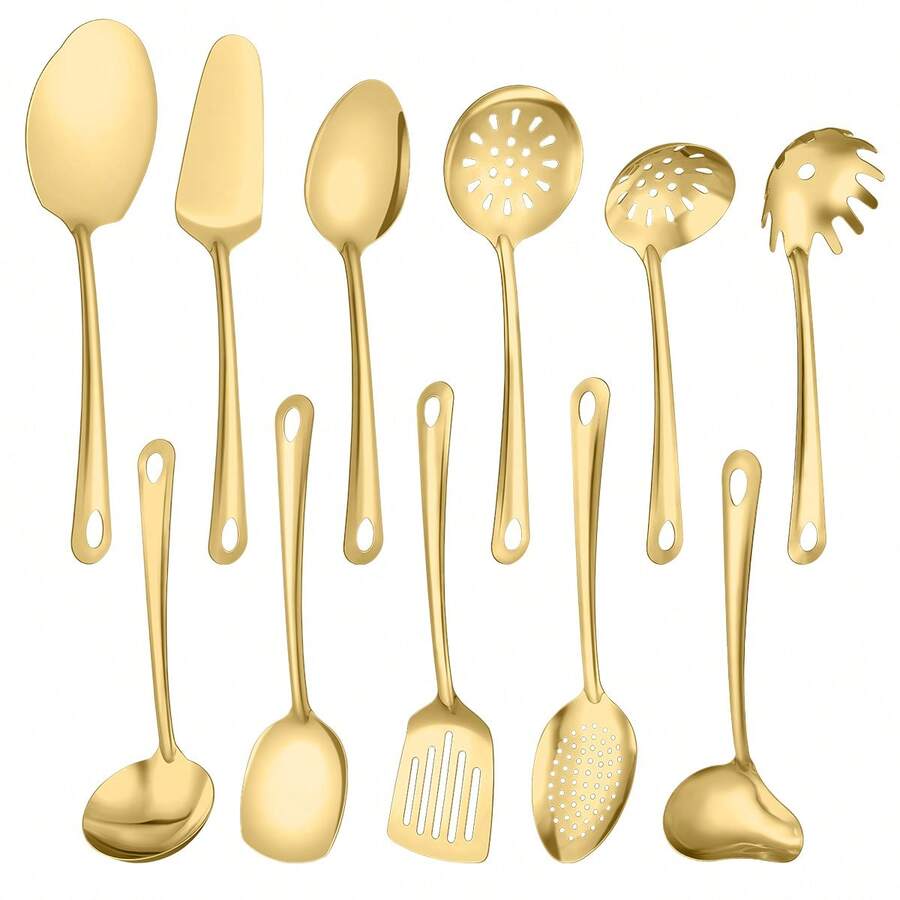 11pcs Stainless Steel Cookware Set, Cooking And Dining Utensils, Self-Serve Party Cutlery Set Including Cooking Spatulas, Serving Spoons, Cake Server, Soup Ladle, Pasta Server Etc., Ideal For Home Chefs And Cooking Enthusiasts, Essential For Holiday Living. High-Quality Durable Kitchenware, Gold Tableware Set, Must-Have Kitchen Essentials.
