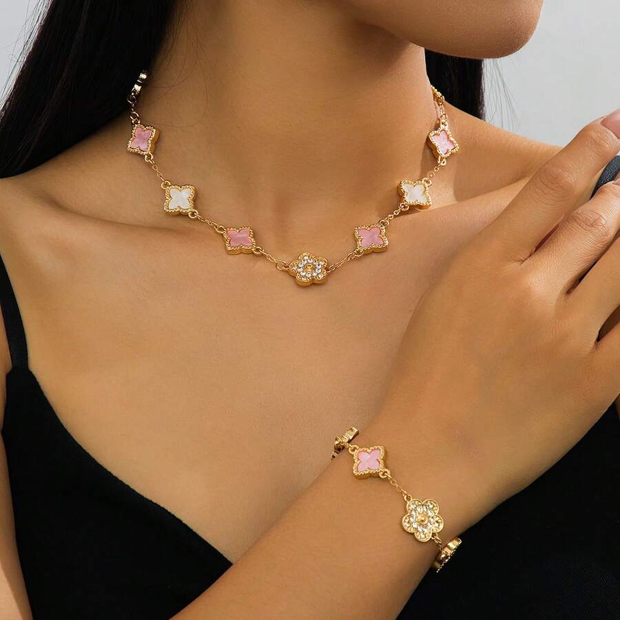 粉白宝石四叶草手链项链套装，优雅女士珠宝礼品 - 粉色 - 查看 1