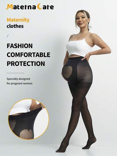 1pc Maternity Black Pantyhose, Heart-Shaped Transparent Design On Abdomen, High Waist Supportive, Skinny Sheer Fabric, Fashionable Plus Size Tight Pregnancy Tights, Suitable For Early, Middle And Late Stages Of Pregnancy
