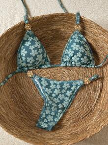 Bikinx Women's Cute High Waist Khaki Ditsy Floral Bikini Set, Tie-Back Design - Green - View 2