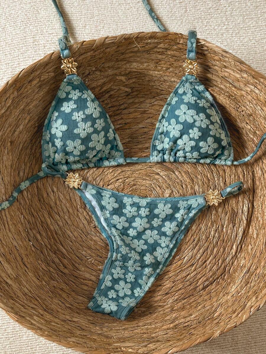 Bikinx Women's Cute High Waist Khaki Ditsy Floral Bikini Set, Tie-Back Design