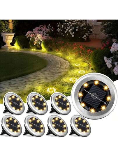 4/8/12 Pcs Mini Solar 8LED In-Ground Lights, Outdoor Stainless Steel Solar Ground Lights, Solar Pathway Lights For Yard, Garden, Walkway, Driveway, Solar Landscape Lighting, Solar Powered, No External Power Source, Suitable For Outdoor Use