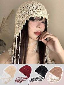 1pc Thick Handmade Crochet Hollow Out Beanie Hat, Warm Knitted Tasseled Cap, Fashion Accessory Women, Suitable Winter, Boho, 4th Of July, Mother-Daughter Outfit, Halloween, Vacation G1RL - 彩色 - 查看 10