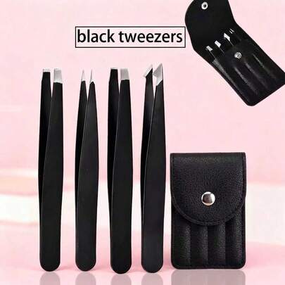 4pcs Stainless Steel Professional Tweezer Set With Leather Case, Precise Eyebrow Shaping Makeup Tools Kit, Suitable For Women's Daily Makeup