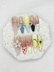 Bộ 10 miếng dán móng tay thủ công họa tiết mùa hè Dopamine Sweet French Blush, móng giả dài nhọn 3D hoa văn sóng biển (1 miếng dán dạng thạch + 1 dũa móng) - Nhiều màu - Xem 12