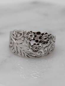 1pc Bohemian Style Vintage Silver Flower Pattern Ring, Suitable For Wedding, Engagement, Promise, Daily Wear - Silver - View 3