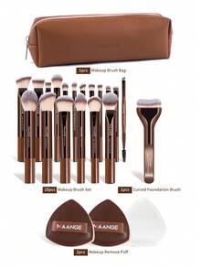 MAANGE 13/22pcs Professional Makeup Brush Set, Including 19pcs Soft Makeup Brushes, 1 Makeup Bag And 2 Makeup Sponges, Portable Travel Makeup Brush Kit For Eyeliner, Eyebrow, Lash, Lip, Blush, Foundation, Powder, Highlighter, Contour, Blending, Suitable For Liquid, Cream And Powder, Gentle On Skin, Ideal Gift For Women And Girls - Coffee Brown - View 3