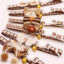 卡其色蕾丝蝴蝶结领带，带吊坠铃铛，可拆卸搭扣猫咪项链 - 彩色 - 查看 2