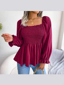 Long-Sleeved Chiffon Blouse With Ruffles And Square Neckline | Casual Style, New Spring/Summer Collection - 酒紅色 - 查看 3