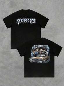 Heavyweight Graphic Tee, Classic Car And Homies Double Sided Digital Printed T Shirt, 100% Cotton, Stylish Casual, Men's 220g, Streetwear, Vintage, Y2K, Oversized, Lowrider, Chicano Free Shipping - White - View 9