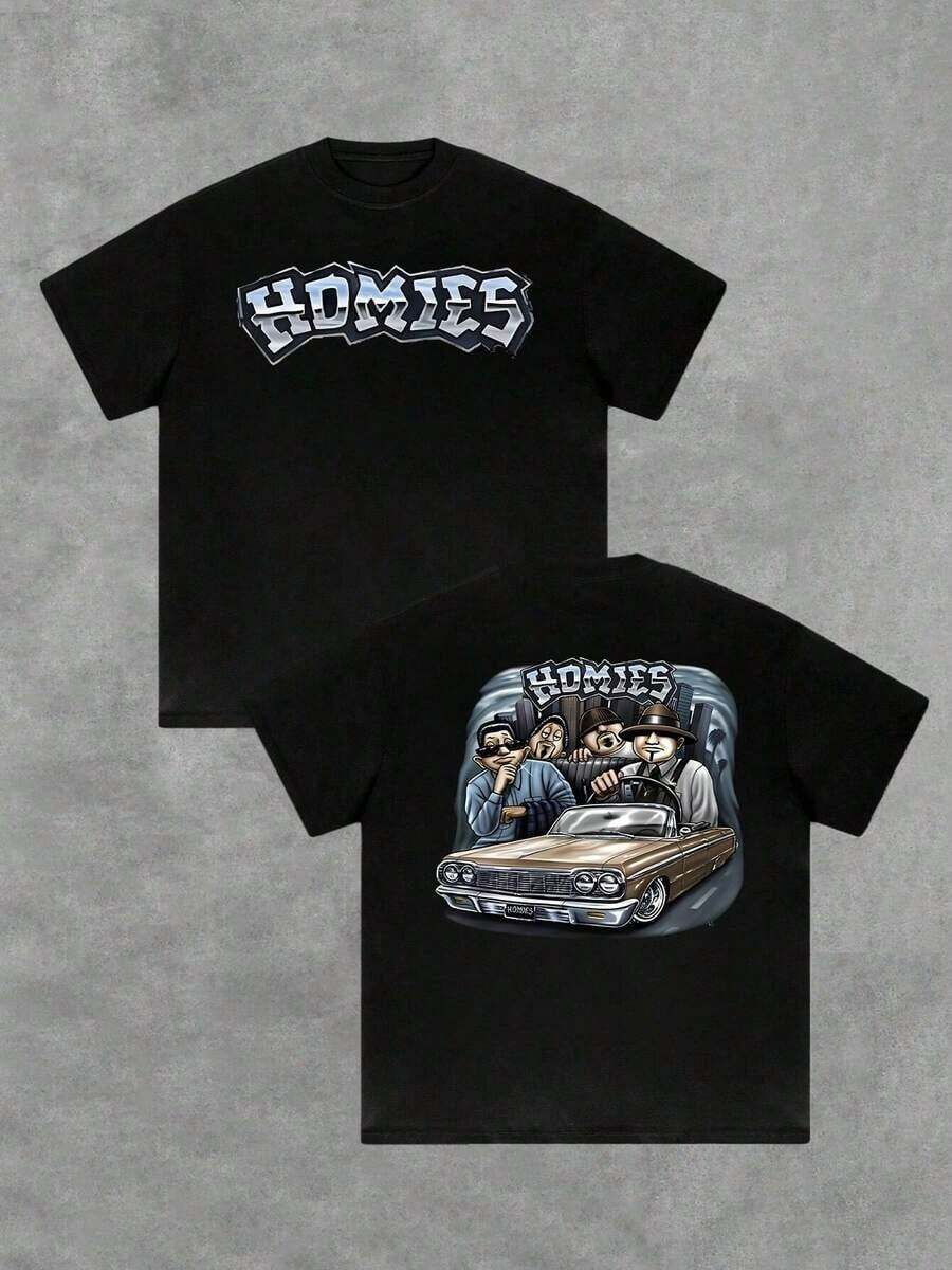 Heavyweight Graphic Tee, Classic Car And Homies Double Sided Digital Printed T Shirt, 100% Cotton, Stylish Casual, Men's 220g, Streetwear, Vintage, Y2K, Oversized, Lowrider, Chicano Free Shipping - 黑色 - 查看 1
