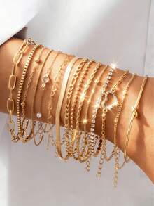 26件套简约心形仿珍珠和水钻串珠蛇形链手链套装，适合约会、度假、派对，也是送给女友/朋友的礼物。 - 金黃色 - 查看 8