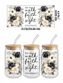 4pcs/Set 16oz Glass Cup Wrap UV DTF Transfer Sticker (9.4x4.3in) No Heat Needed, Spanish English Christian Bible Verse Scripture Faith Quote Design, Floral Butterfly Religious Inspirational Waterproof Self Adhesive Decal, Rub On Sticker For Libbey Can Tumbler DIY Gift For Women - Bible 04 - View 4