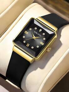 1件装奢华优雅女士石英表，方形表盘，镶嵌闪亮钻石的混合刻度，镀金合金表壳，精致简约风格，完美搭配现代休闲装束。 - 黑色 - 查看 2