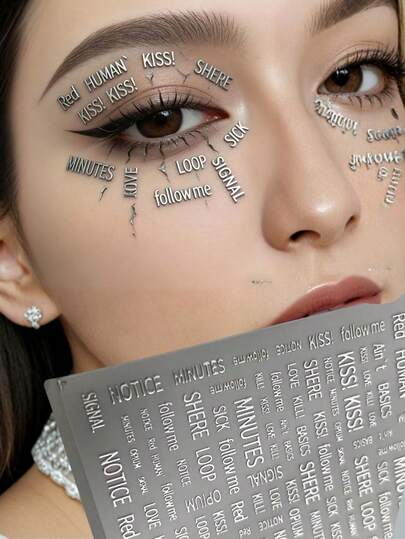 1pc Y2K Metallic Letter Face Sticker, Cyberpunk Eye Makeup Sticker, Music Festival Silver Letter Face Gems, Self-Adhesive Silver Letter Decorative Sticker, Party Cosplay Decor Props, Facial Decorative Sticker
