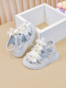 Infant Shoes/Toe-Covering Floral Crystal Hook And Loop Jelly Soft Bottom Sandals - Silver - View 5