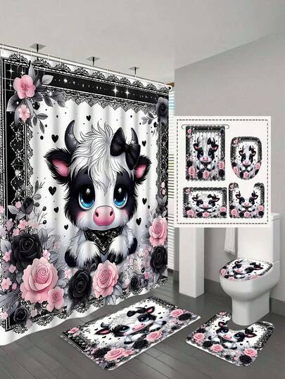 1pc/4pcs Cartoon Cute Bow & Calf Pattern Bathroom Shower Curtain Set