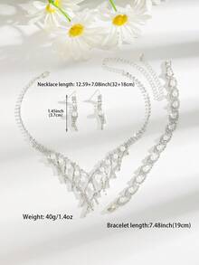 3件套白色水晶水钻镶嵌珍珠项链、手链和流苏耳环套装，适合婚礼、日常佩戴和派对场合。 - 白色 - 查看 5
